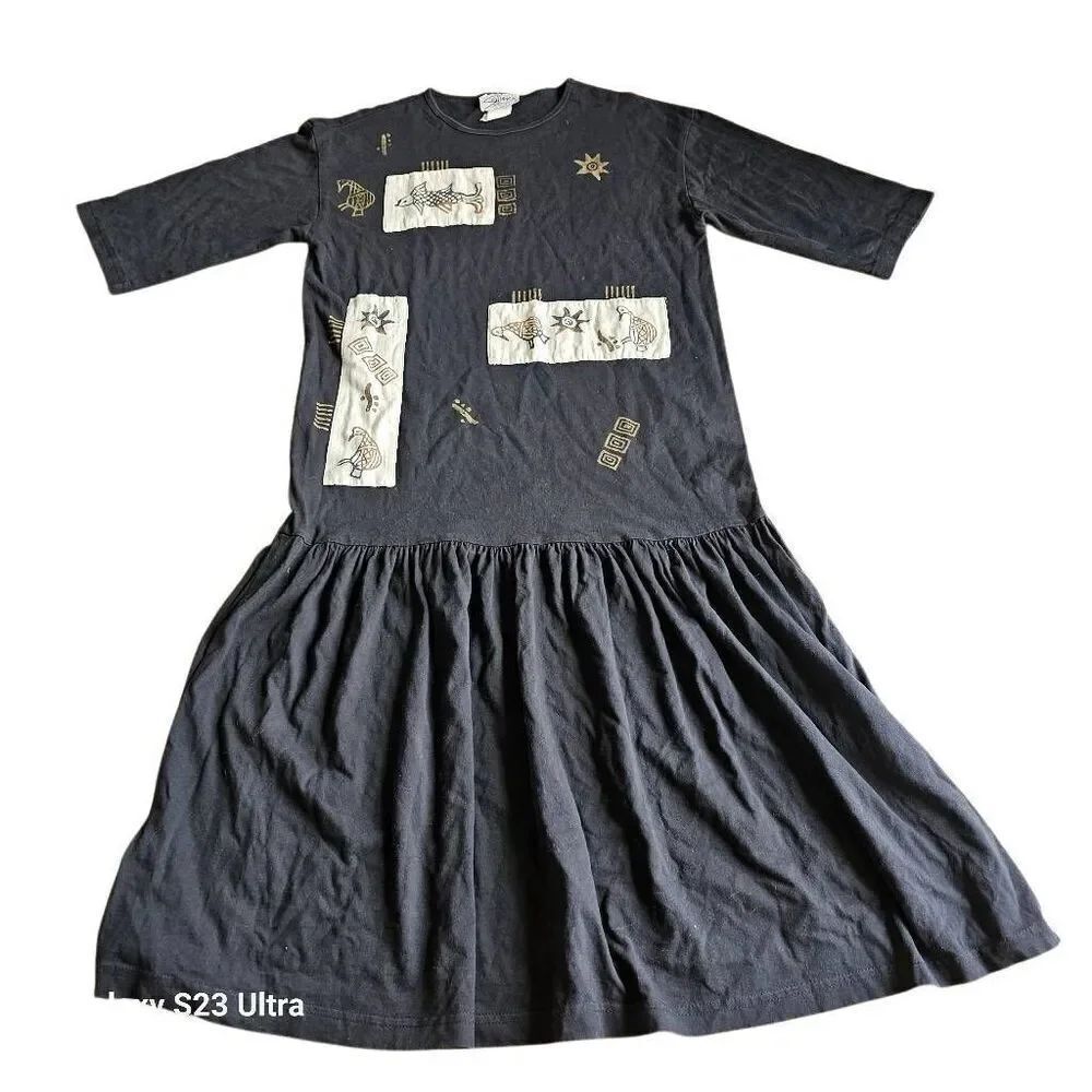 Scribbles Rare black hand painted midi dress fits Sz L